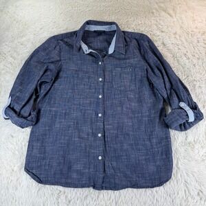 Tommy Hilfiger Chambray Button Down Shirt Blue Long Sleeve Roll Tab Womens Large